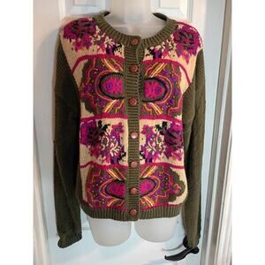Studio Michelle Stuart Button Up Cardigan Sweater Green Pink Embroidery Cottage